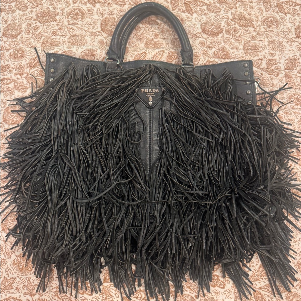 Vintage Black Leather Fringe Tote